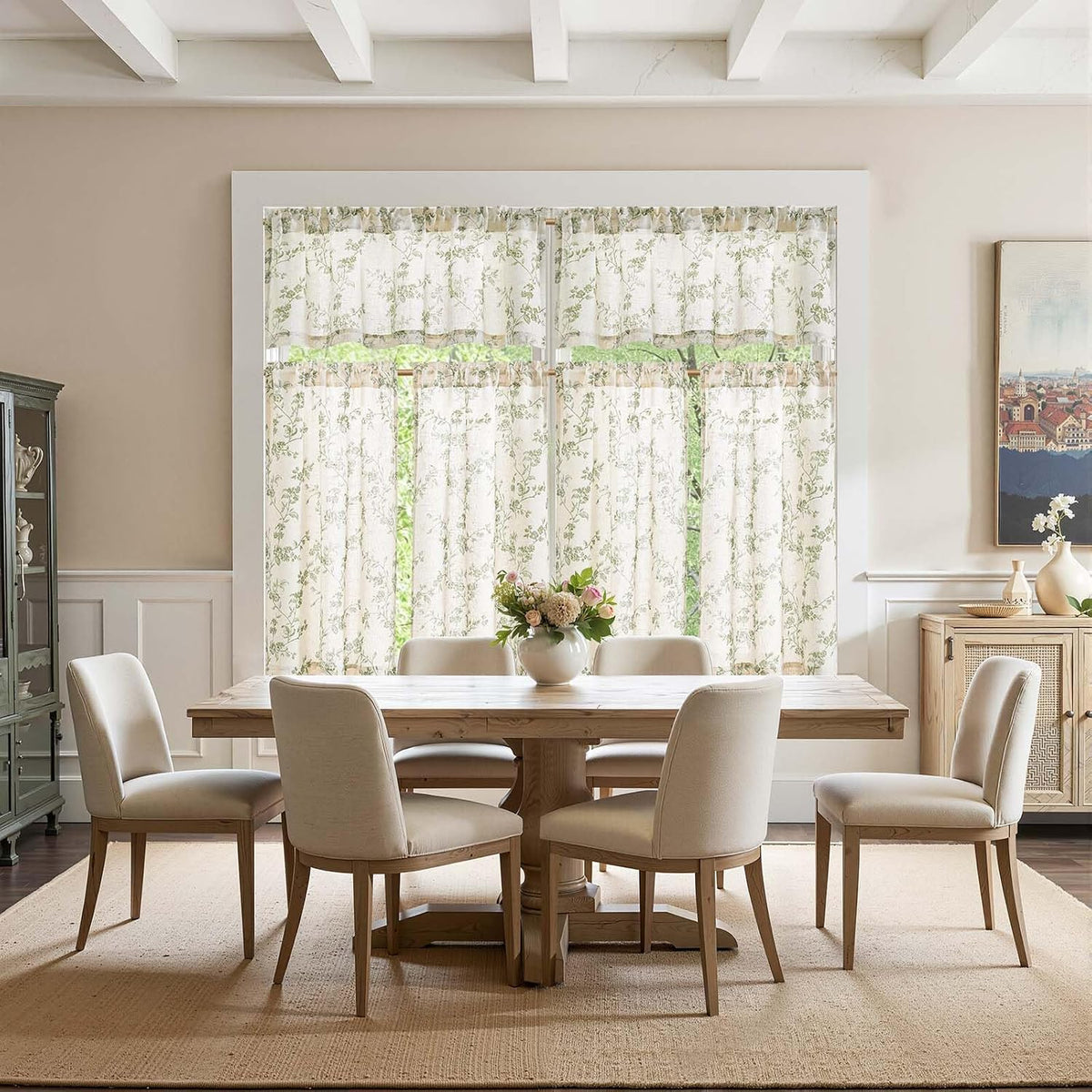jinchan Green Linen Floral Kitchen Tier Curtains and Valance Set 3 Pieces
