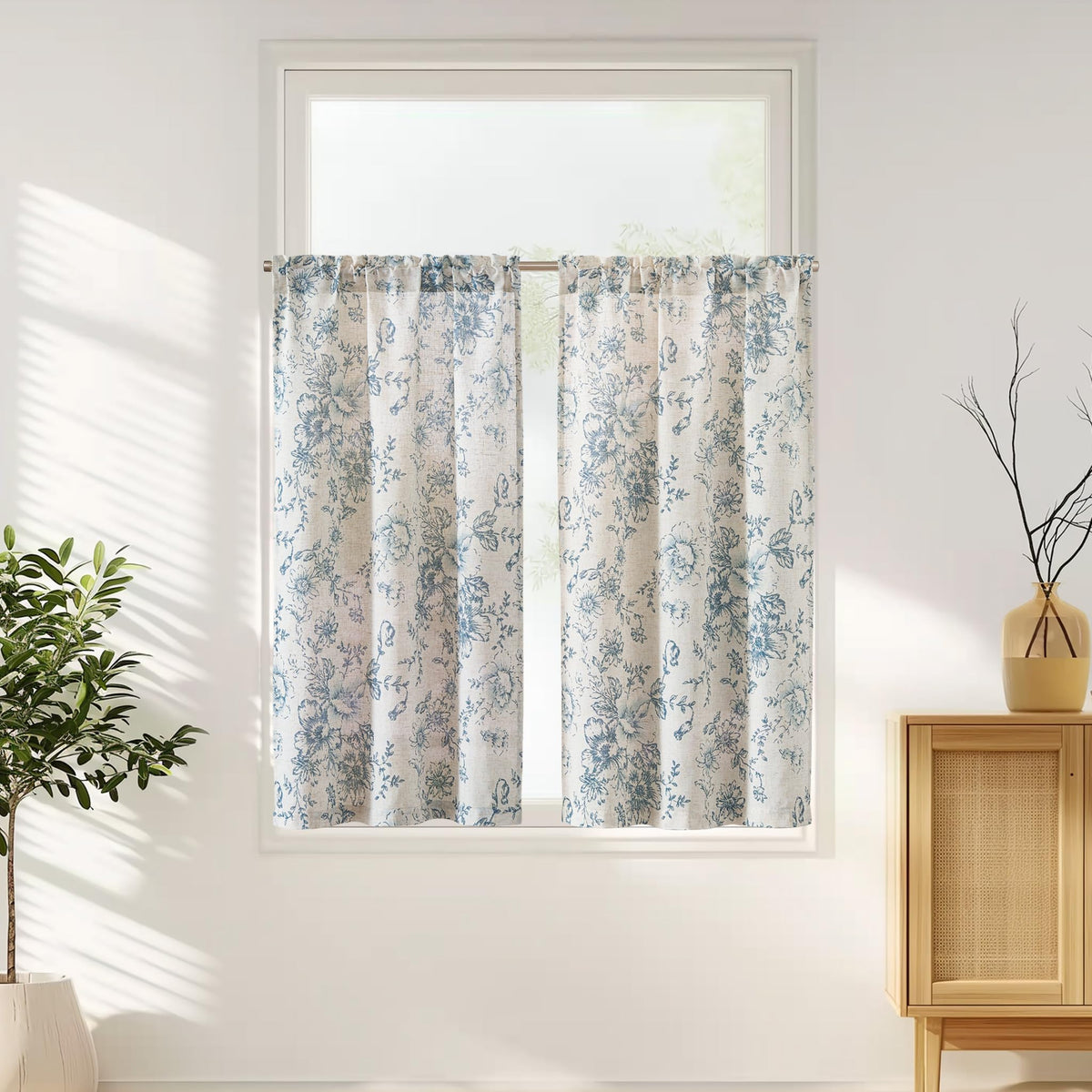 jinchan Hattie Floral Linen Kitchen Tier Curtains Beige 36 in 2 Panels