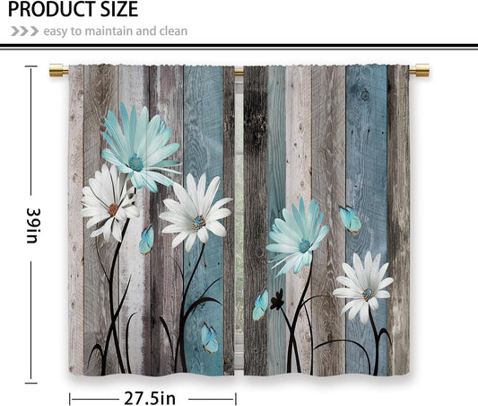 Teal Farmhouse Daisy Kitchen Curtains Wooden Flower Small Short Cafe Window Curtains Rustic Floral Butterfly Country Bathroom Drapes Treatment Tier Curtains 2 Panels (27.5x39 Inch)