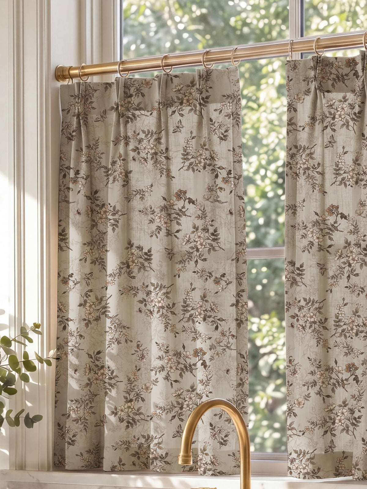 NICETOWN Sage Green Floral Linen Curtains Cafe Curtains, W26 x L36