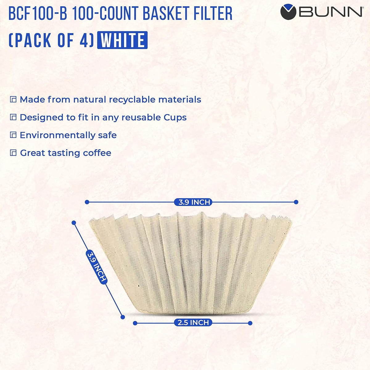 BUNN Coffee Filter – 4 PK - 100 PCS per Pack – Taller – Flat Bottom Liner – Quality Paper for Most Coffee Makers – Aromatic Brew – with Satisfying Customers Travel Tissue Pack (4PK)