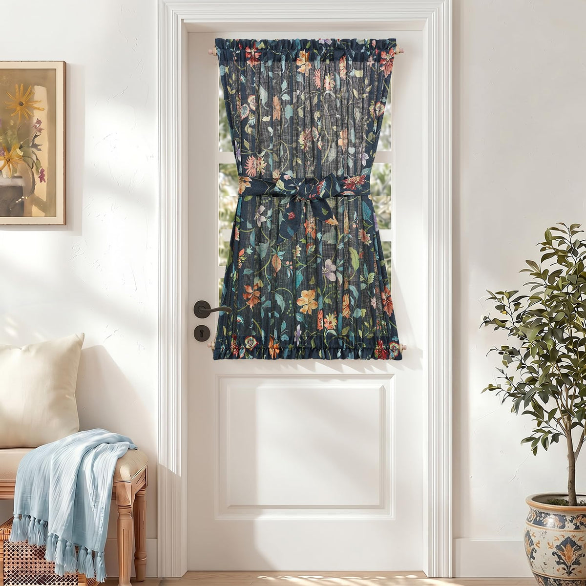 jinchan Blue Linen Floral French Door Curtain 40 Inch Rod Pocket 1 Panel