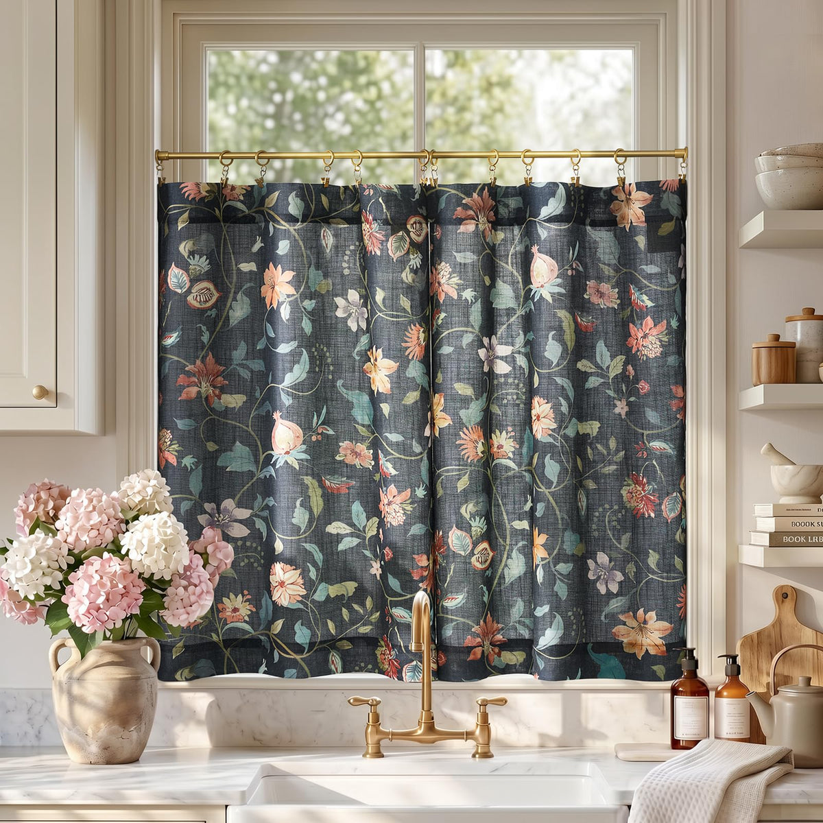 jinchan Hattie Floral Linen Kitchen Tier Curtains Beige 36 in 2 Panels
