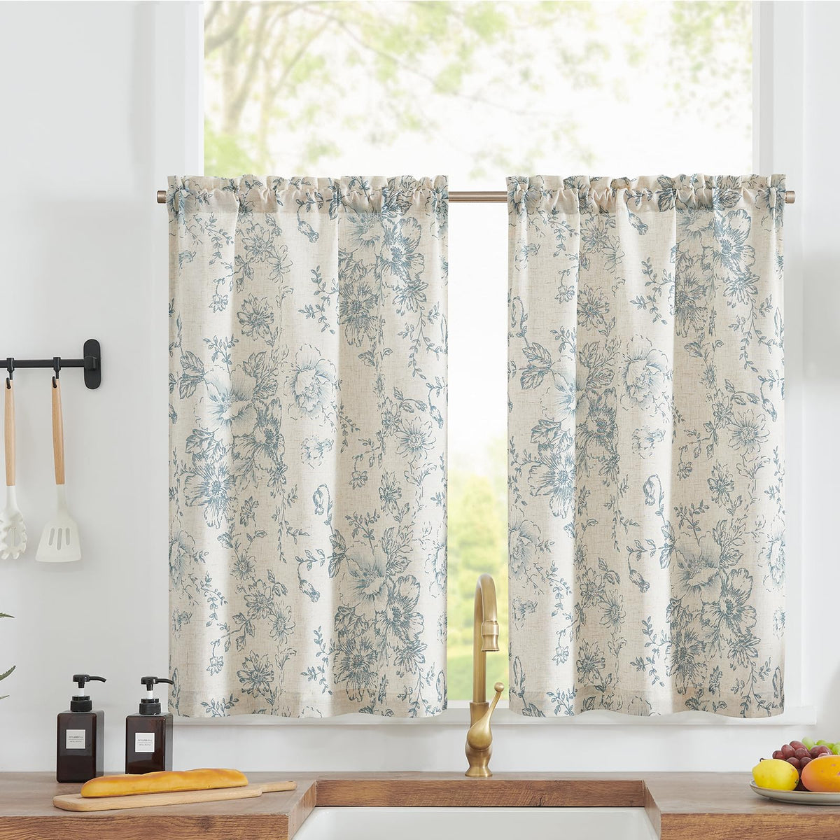 jinchan Hattie Floral Linen Kitchen Tier Curtains Beige 36 in 2 Panels