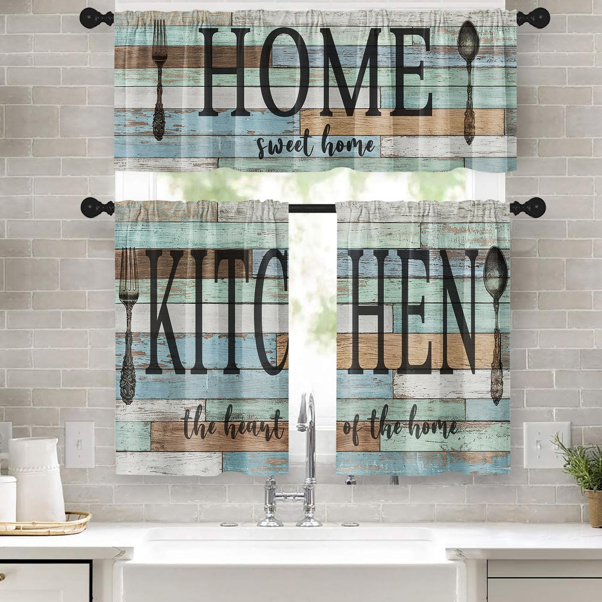 Kitchen Curtains Sets for Windows 52x36 Inch, 3 Pack Farmhouse Teal