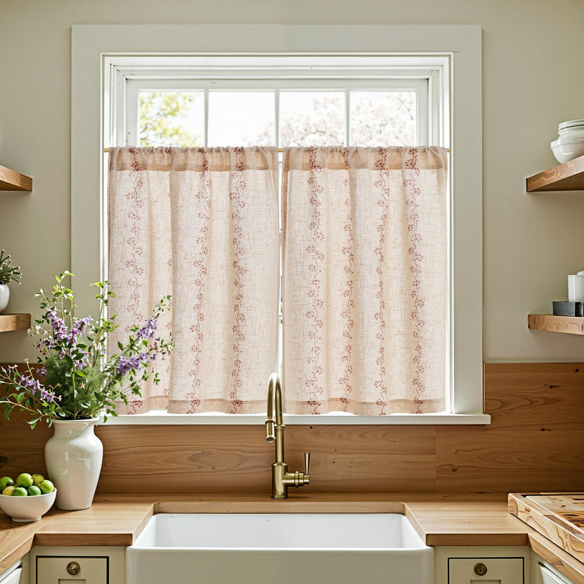jinchan Hattie Floral Linen Kitchen Tier Curtains Beige 36 in 2 Panels