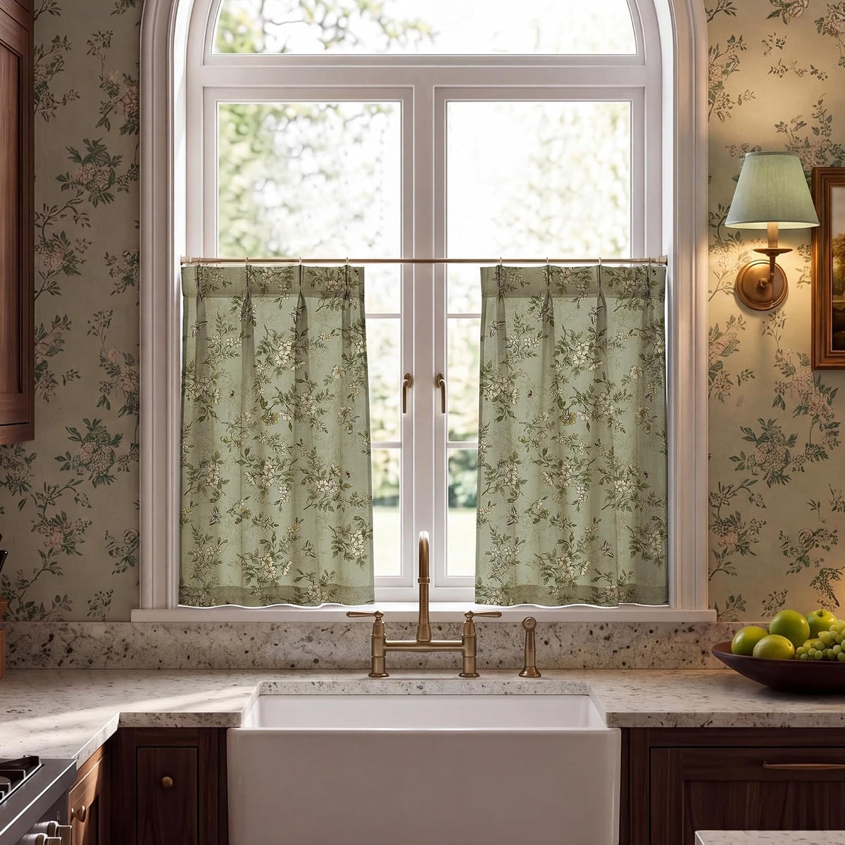 NICETOWN Sage Green Floral Linen Curtains Cafe Curtains, W26 x L36