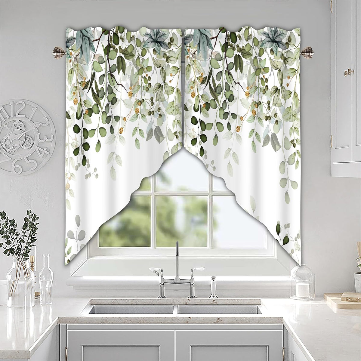 Sage Green Eucalyptus Leaves Swag Curtains 1 Pair, 28x36 in
