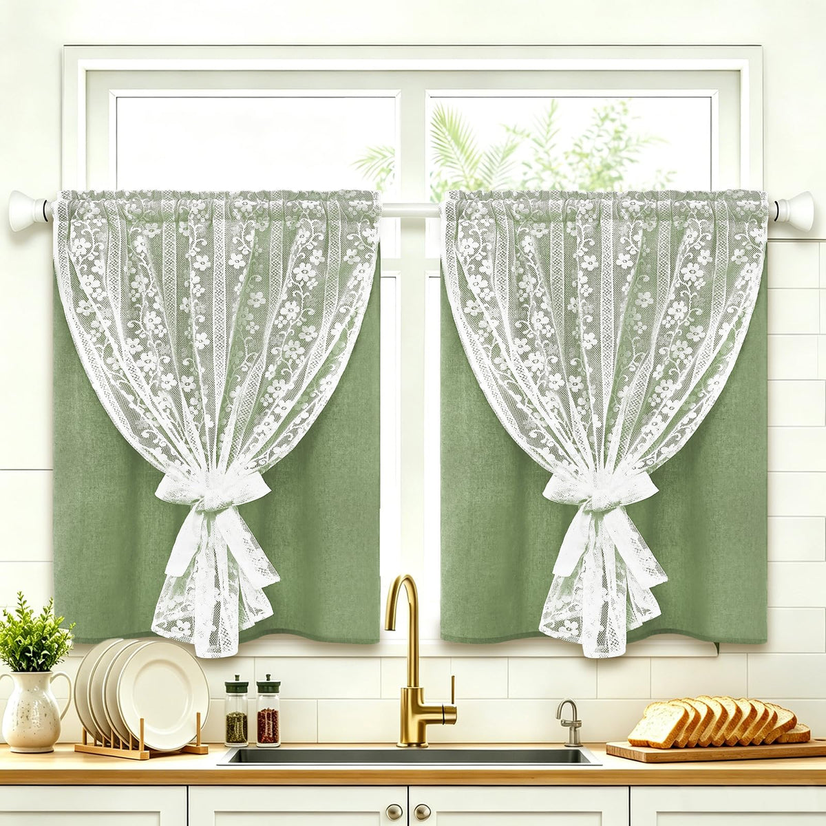 ASPMIZ Linen Kitchen Curtains 36 Inch Length, Double Layered Window Curtain 2 Panel Sets Rod Pocket Short Curtains for Kitchen, Farmhouse Window Treatment Tiers for Bathroom, Cafe, Beige