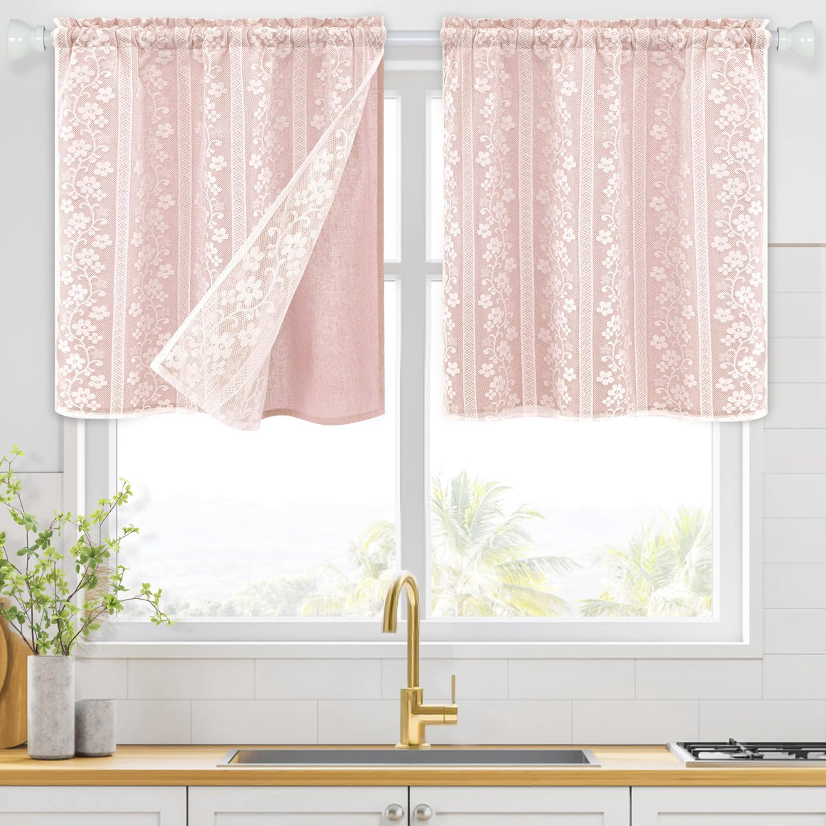 ASPMIZ Linen Kitchen Curtains 36 Inch Length, Double Layered Window Curtain 2 Panel Sets Rod Pocket Short Curtains for Kitchen, Farmhouse Window Treatment Tiers for Bathroom, Cafe, Beige