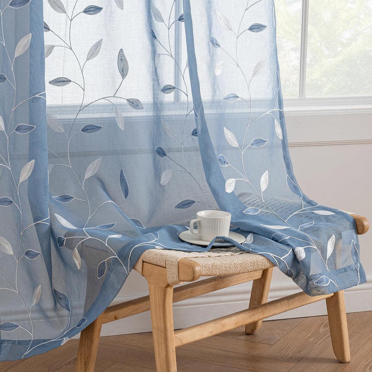 MIULEE Beige Sheer Curtains 2 Panels Embroidered Leaf Patterned, W52 x L63