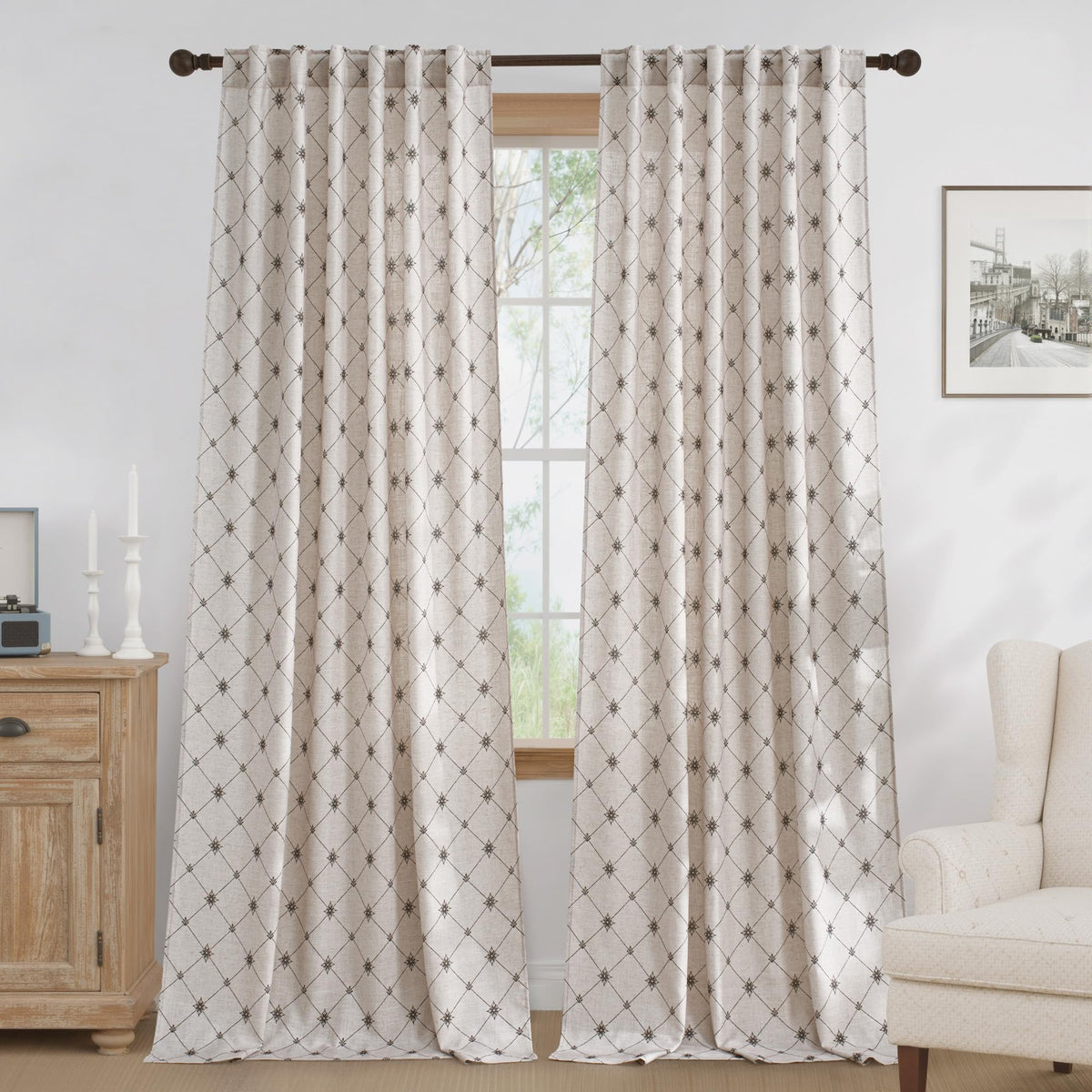 NICETOWN Sage Green Floral Linen Curtains Cafe Curtains, W26 x L36