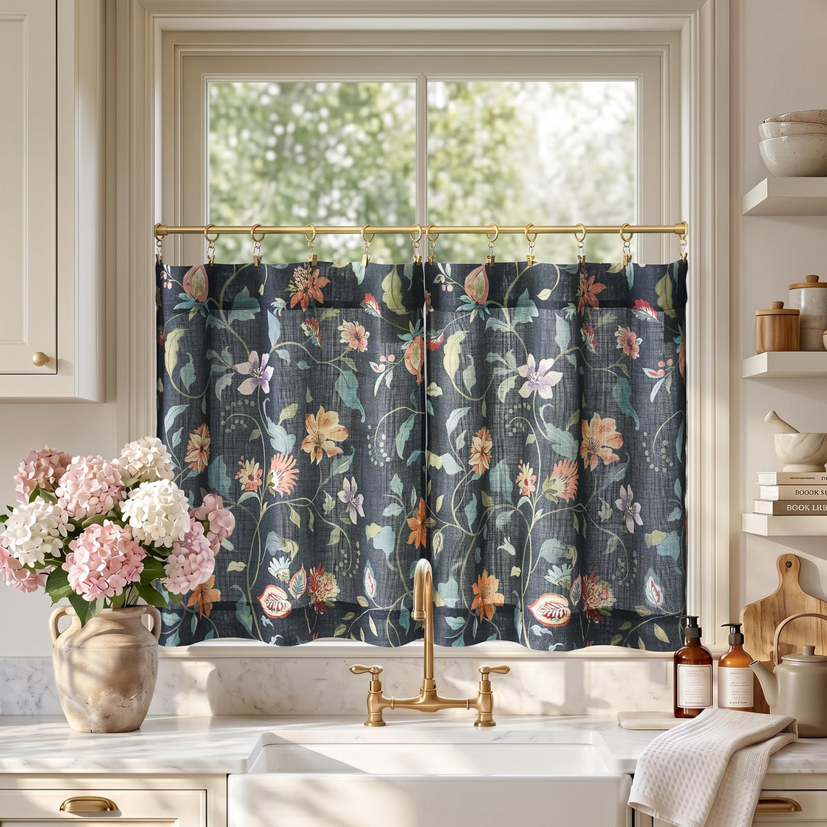 jinchan Hattie Floral Linen Kitchen Tier Curtains Beige 36 in 2 Panels