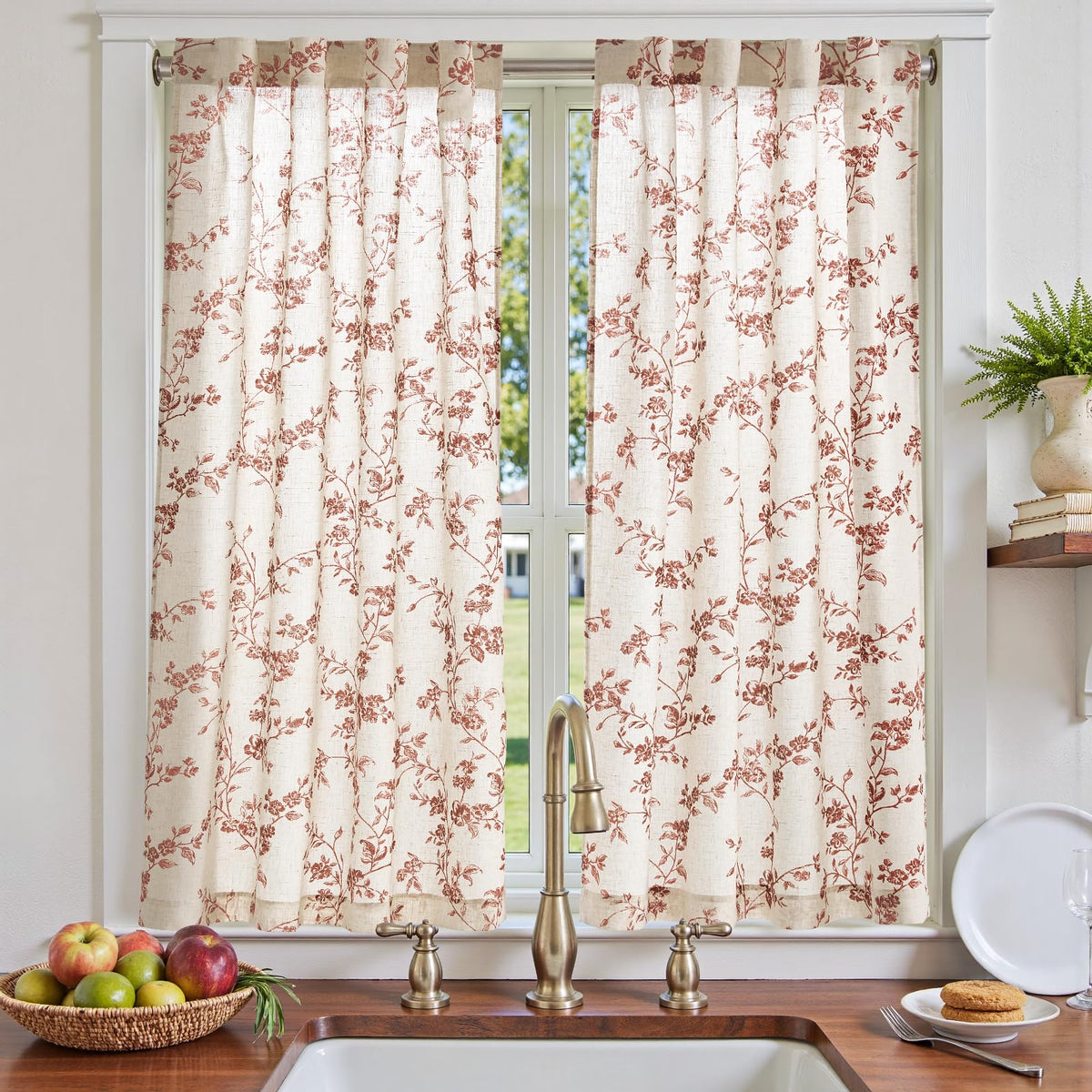 jinchan Floral Linen Kitchen Tier Curtains, 36 Inch, 2 Panels, Taupe