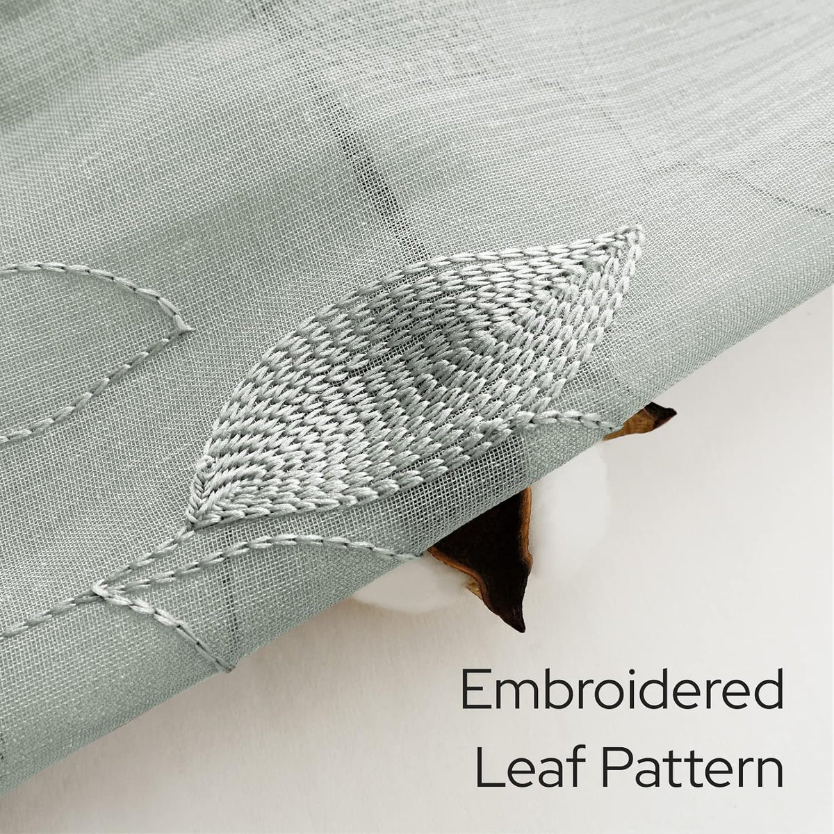 HOMEIDEAS Sage Green Kitchen Tier Curtains Leaf Embroidered, 30x36, 2 Panel