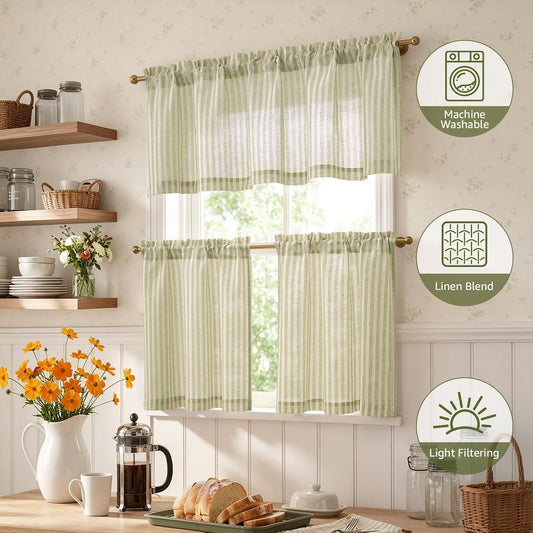 jinchan Sage Green Linen Kitchen Curtains and Valance Set Rod Pocket