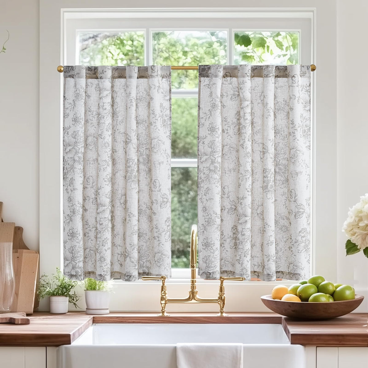 jinchan Hattie Floral Linen Kitchen Tier Curtains Beige 36 in 2 Panels