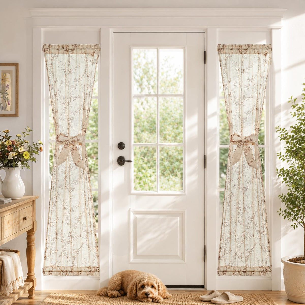 jinchan Blue Linen Floral French Door Curtain 40 Inch Rod Pocket 1 Panel