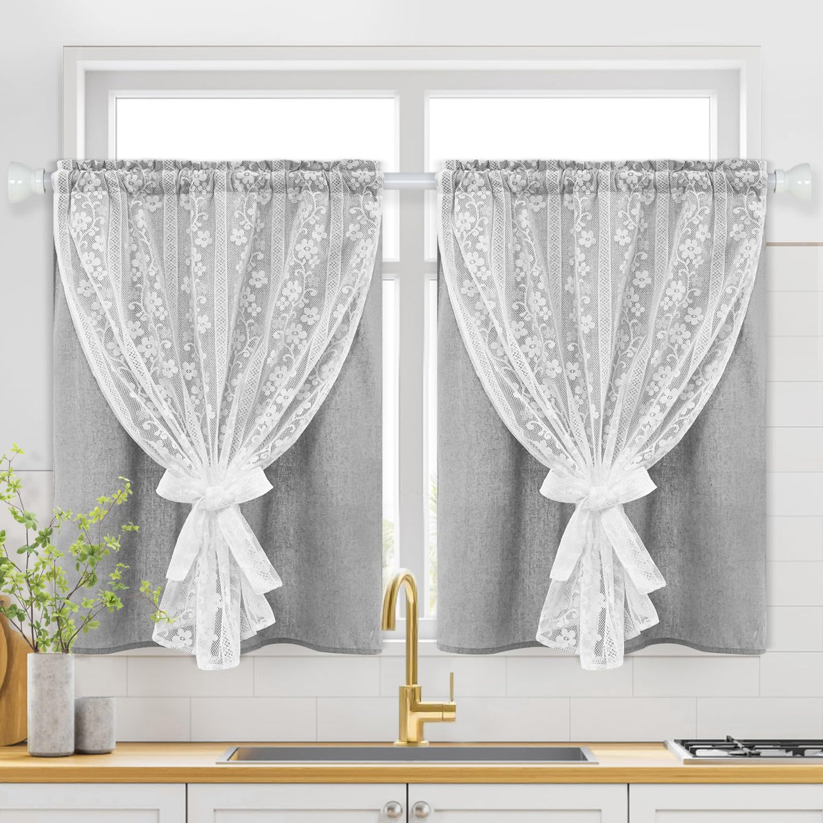 ASPMIZ Linen Kitchen Curtains 36 Inch Length, Double Layered Window Curtain 2 Panel Sets Rod Pocket Short Curtains for Kitchen, Farmhouse Window Treatment Tiers for Bathroom, Cafe, Beige