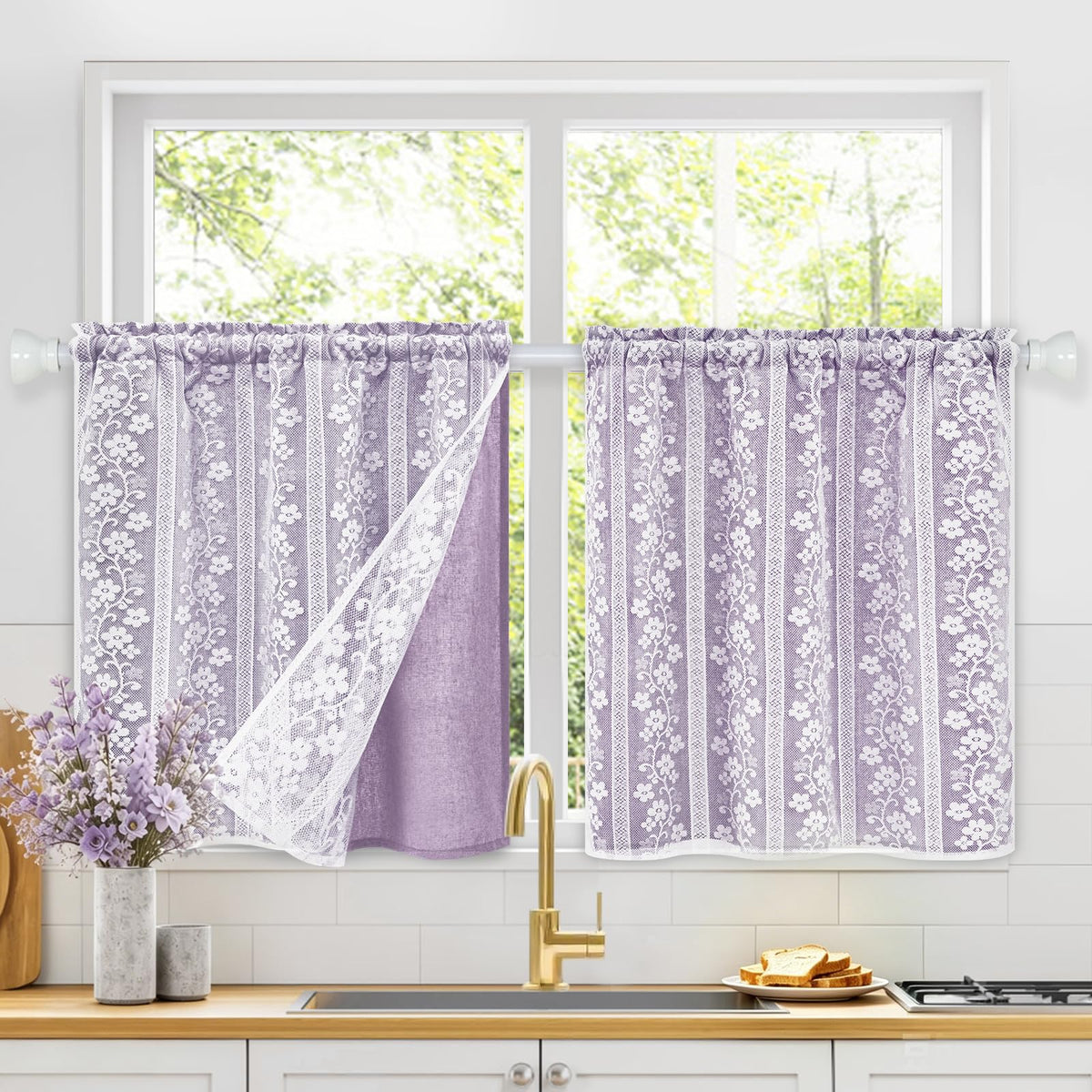 ASPMIZ Linen Kitchen Curtains 36 Inch Length, Double Layered Window Curtain 2 Panel Sets Rod Pocket Short Curtains for Kitchen, Farmhouse Window Treatment Tiers for Bathroom, Cafe, Beige