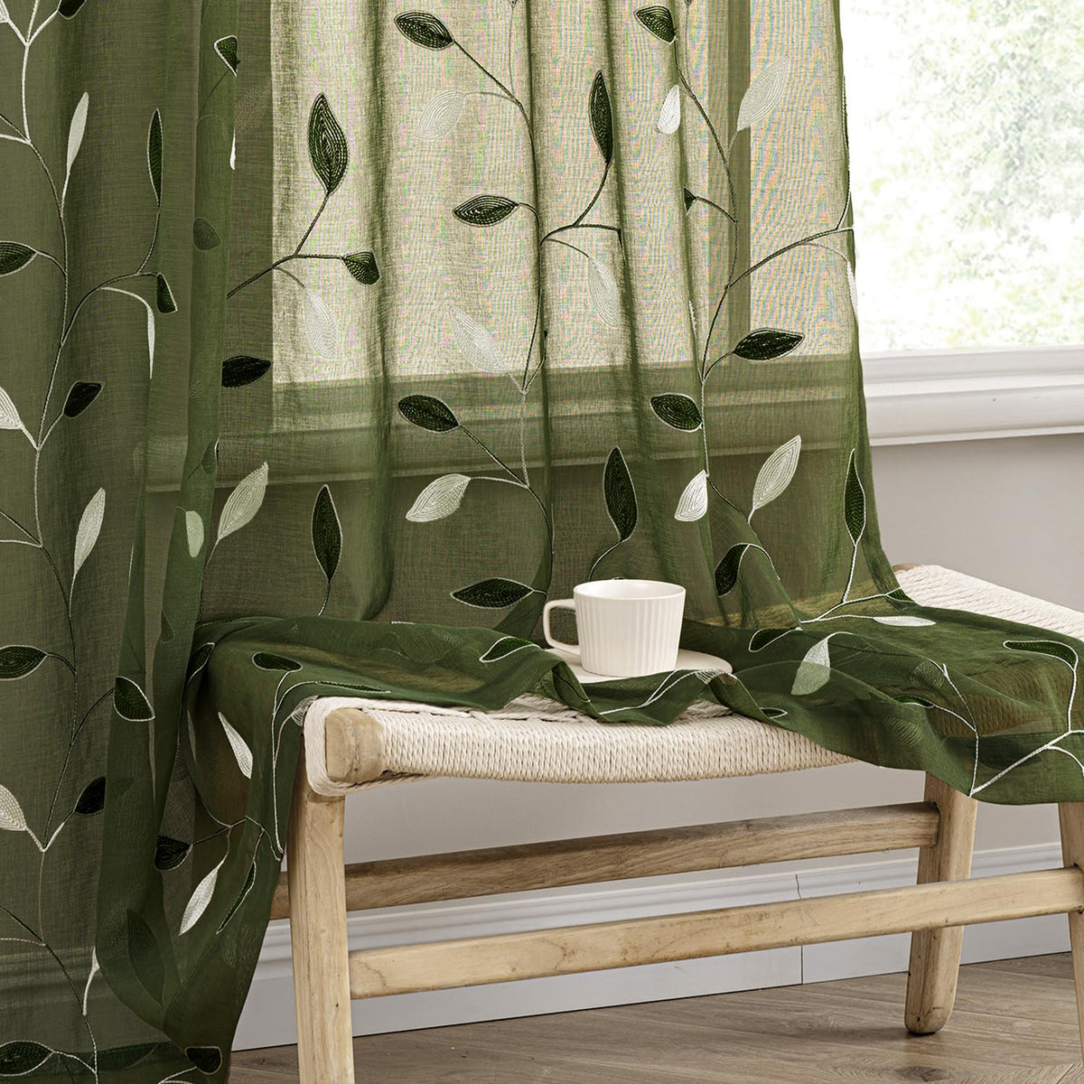 MIULEE Beige Sheer Curtains 2 Panels Embroidered Leaf Patterned, W52 x L63
