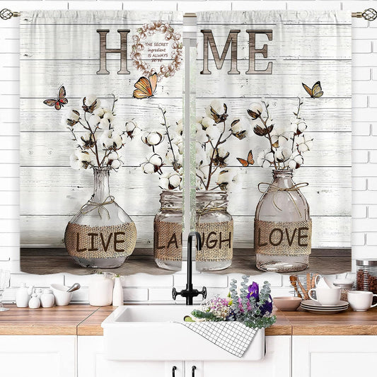 Rusitc Farmhouse Cotton Kitchen Curtains 27.5W X 39L Inch 2 Panels Rod Pocket Country Retro Wood Vintage Small Short Cafe Curtain Inspirational Window Drapes Treatment Bathroom Home Decor
