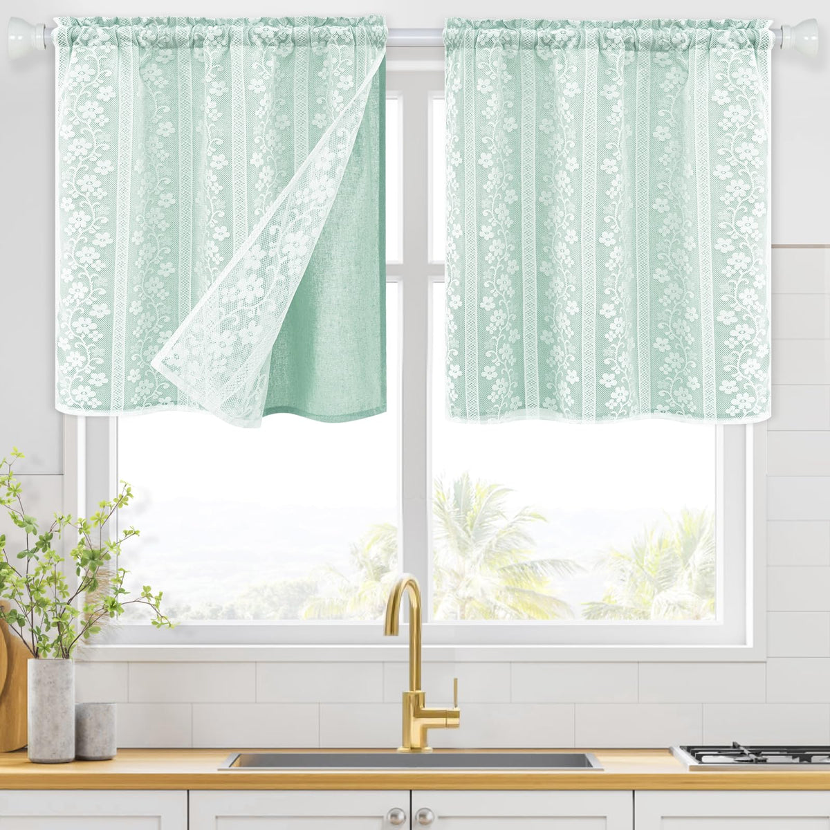 ASPMIZ Linen Kitchen Curtains 36 Inch Length, Double Layered Window Curtain 2 Panel Sets Rod Pocket Short Curtains for Kitchen, Farmhouse Window Treatment Tiers for Bathroom, Cafe, Beige