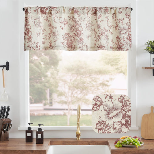 jinchan Linen Kitchen Valance with Lined Floral Valance Curtain 16 Inch Farmhouse Red Peony Flower Printed Curtain for Windows Living Room French Retro Patterned Rod Pocket 1 Panel Red on Beige