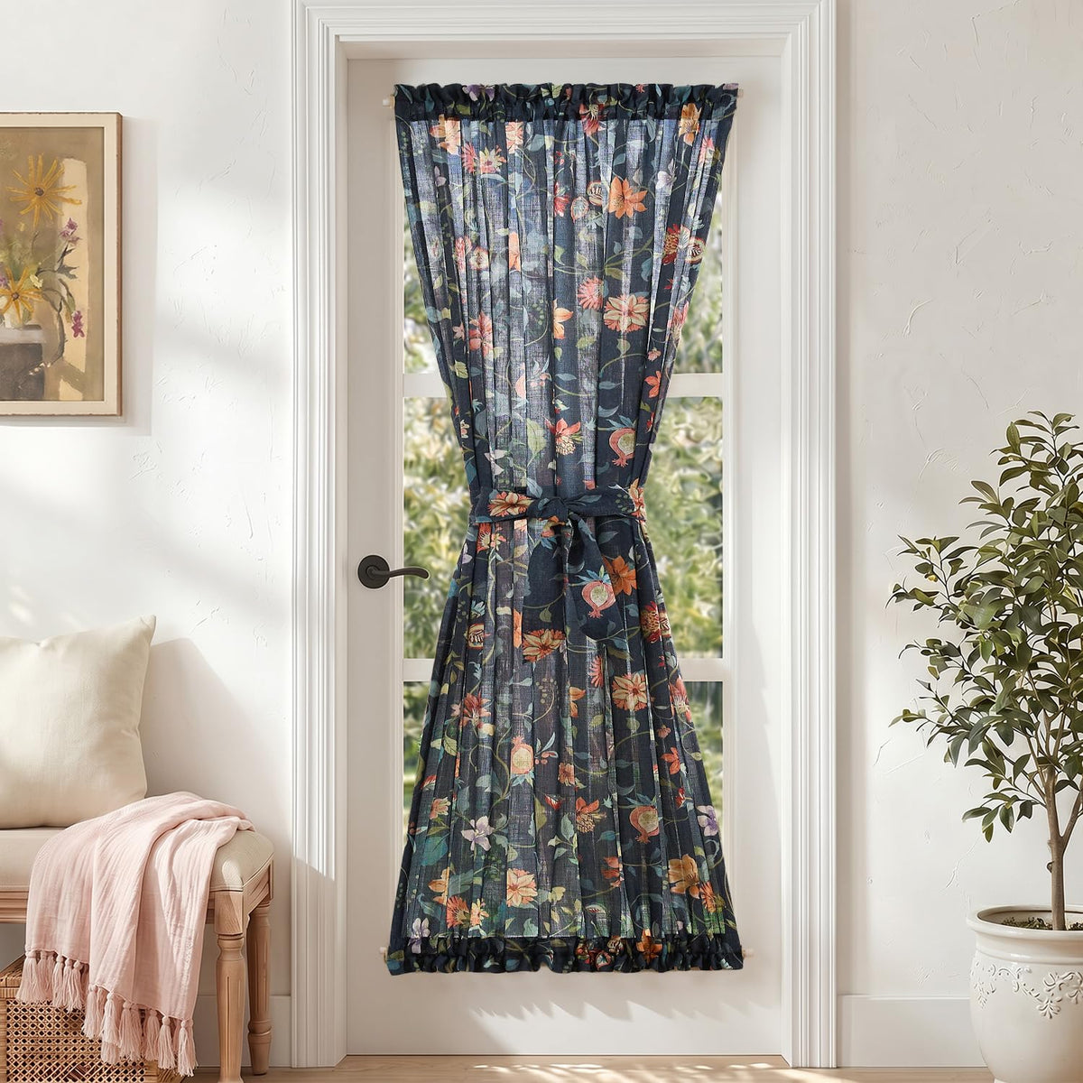 jinchan Blue Linen Floral French Door Curtain 40 Inch Rod Pocket 1 Panel