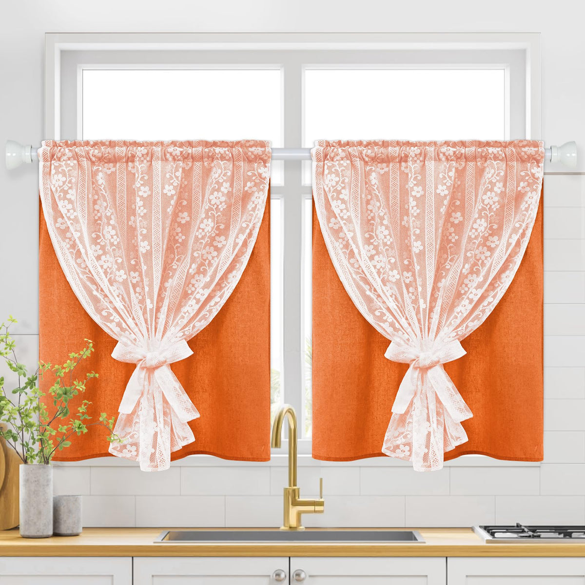 ASPMIZ Linen Kitchen Curtains 36 Inch Length, Double Layered Window Curtain 2 Panel Sets Rod Pocket Short Curtains for Kitchen, Farmhouse Window Treatment Tiers for Bathroom, Cafe, Beige