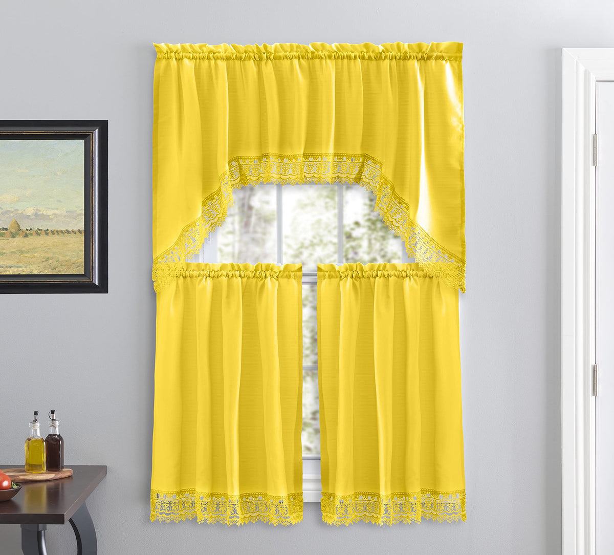 American Linen 3-Piece Kitchen Café Curtains with Embroidered Lace (White)