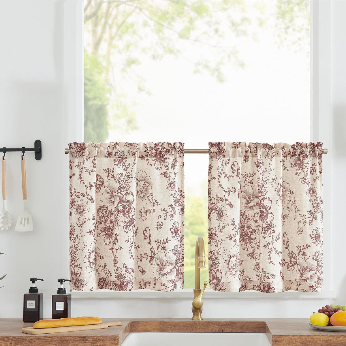 jinchan Hattie Floral Linen Kitchen Tier Curtains Beige 36 in 2 Panels
