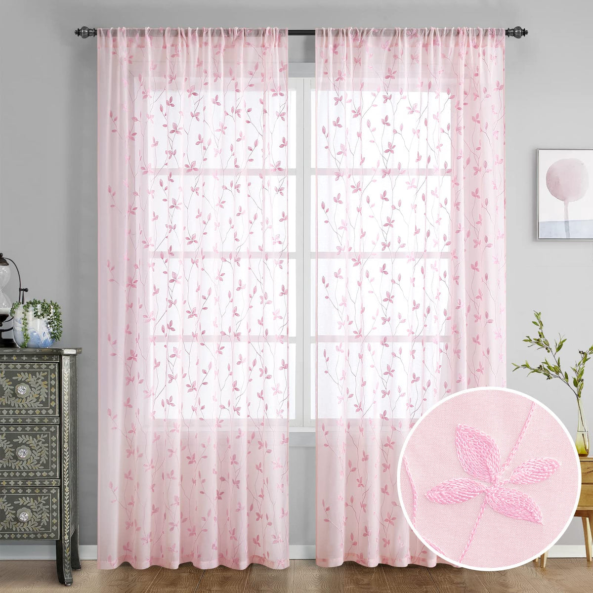 HOMEIDEAS Sage Green Kitchen Tier Curtains Leaf Embroidered, 30x36, 2 Panel