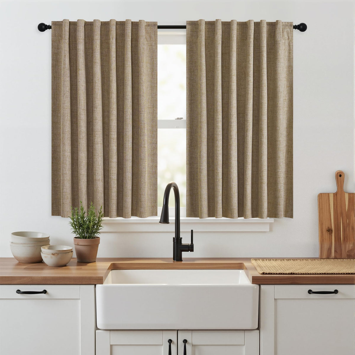 RYB HOME 45 Inch Long Natural Beige 100% Blackout Short Curtains