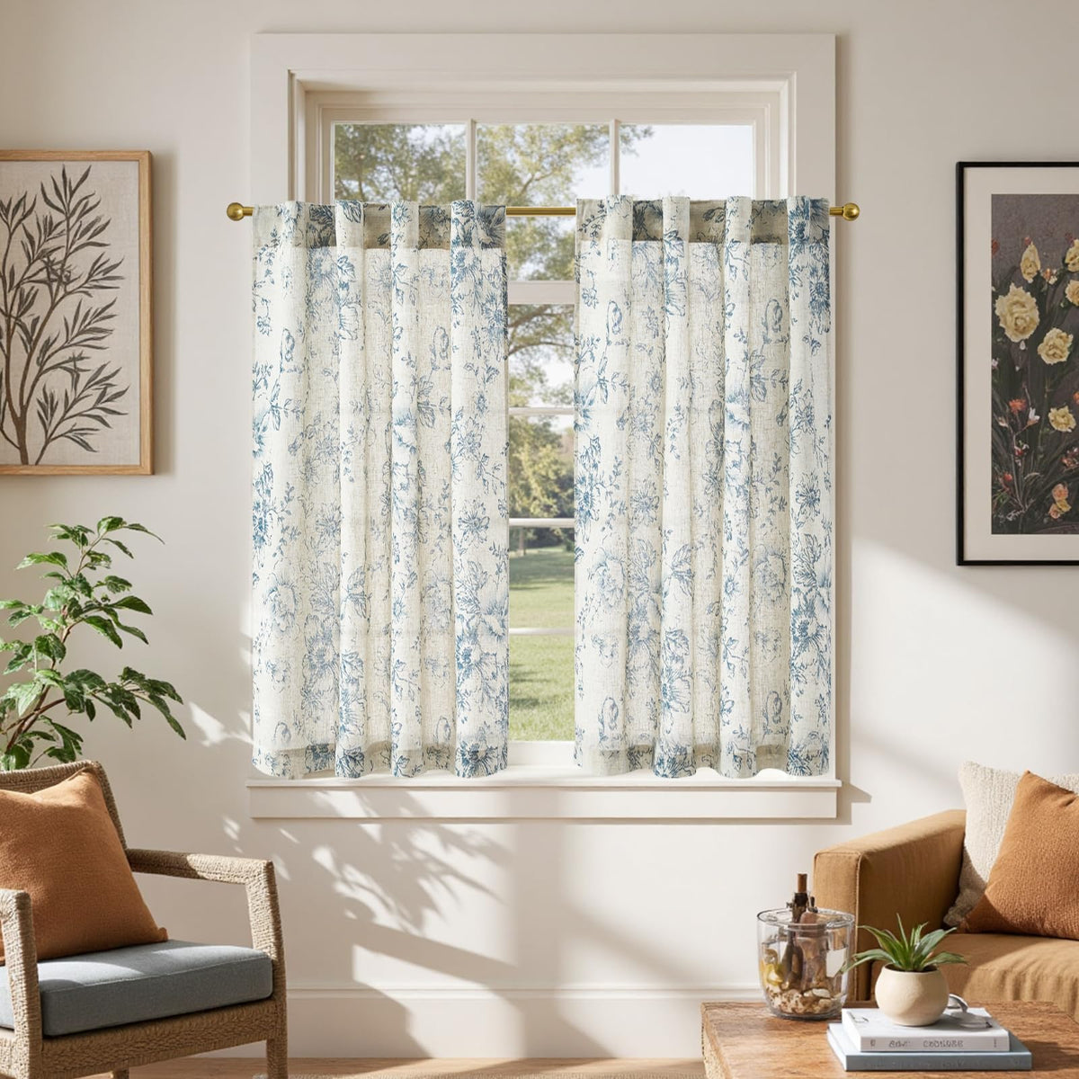 jinchan Hattie Floral Linen Kitchen Tier Curtains Beige 36 in 2 Panels