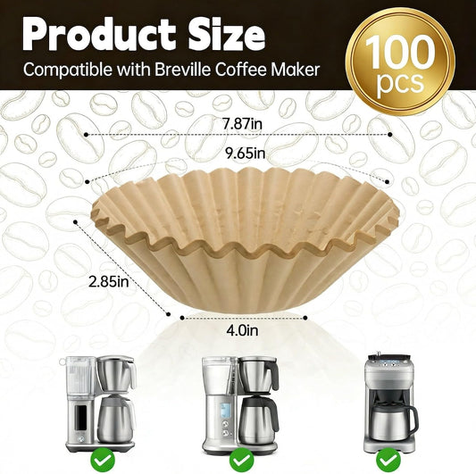 Unbleached Coffee Filters compatible with Breville,100 PCS Extra Large Basket, Upgrade Thickened Disposable Paper, Smooth Brew Extraction, Will Not Tear or Clog