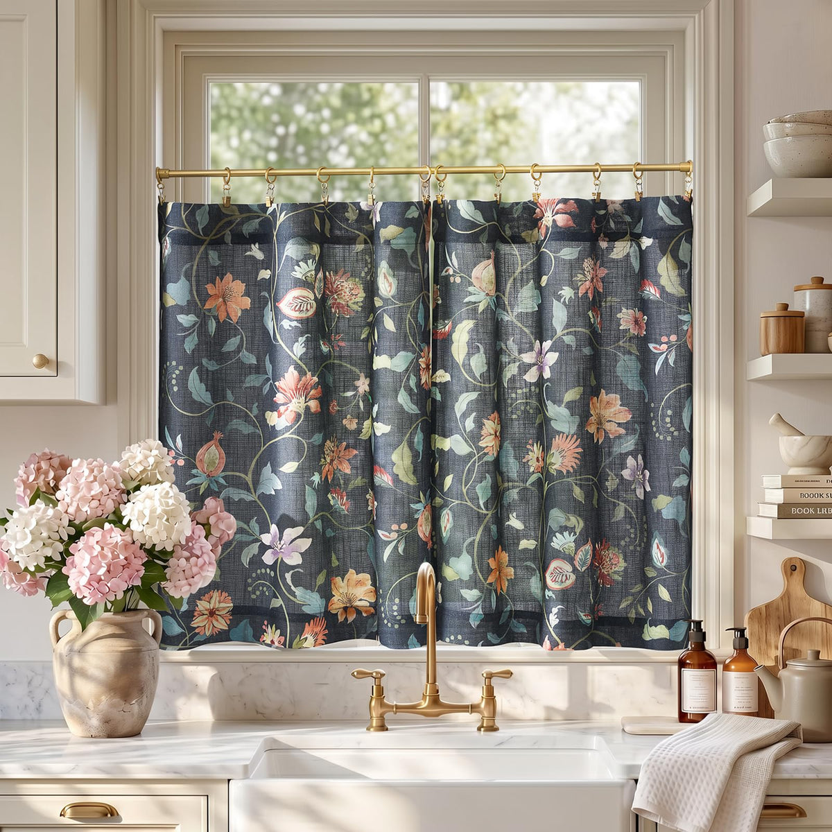 jinchan Hattie Floral Linen Kitchen Tier Curtains Beige 36 in 2 Panels