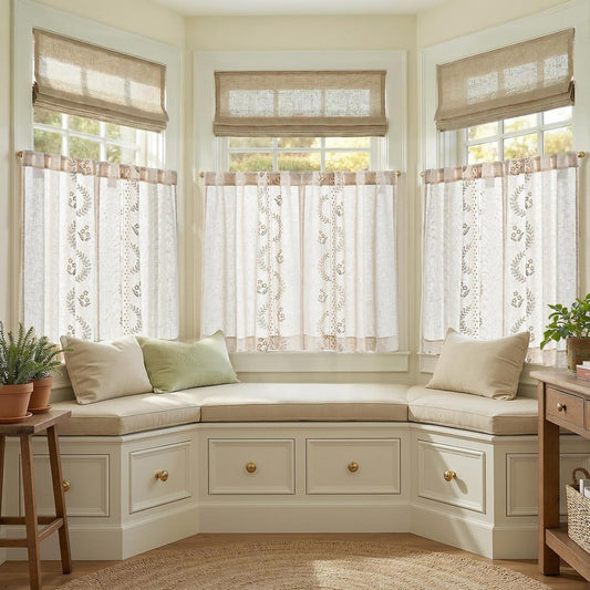 jinchan Beige Floral Linen Kitchen Tier Curtains 36 Inch, 2 Panels