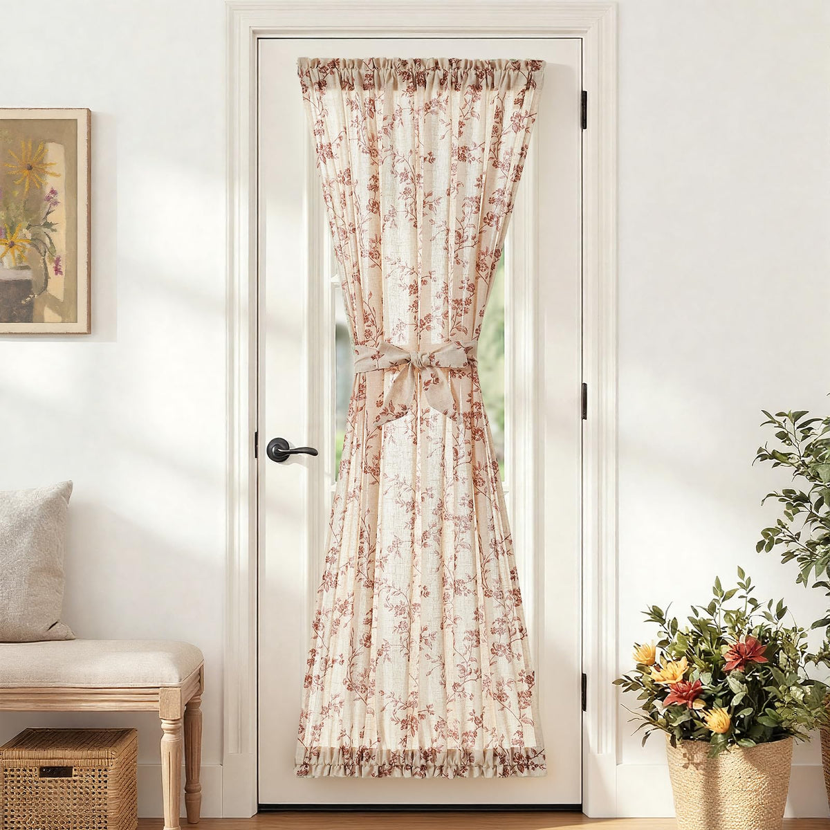 jinchan Blue Linen Floral French Door Curtain 40 Inch Rod Pocket 1 Panel