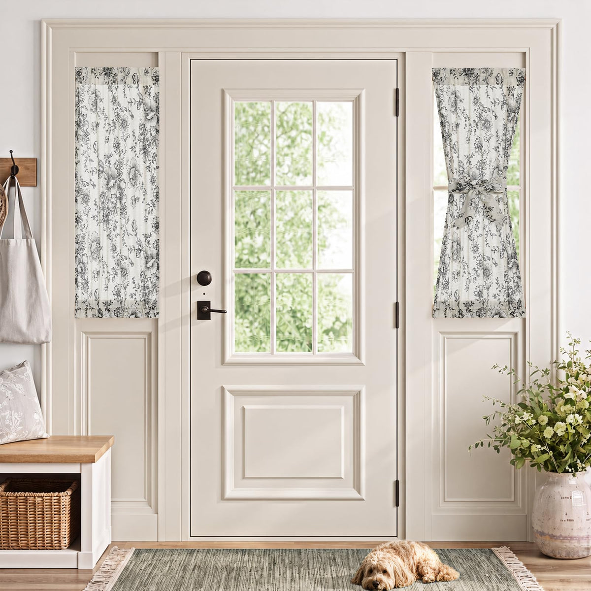 jinchan Blue Linen Floral French Door Curtain 40 Inch Rod Pocket 1 Panel