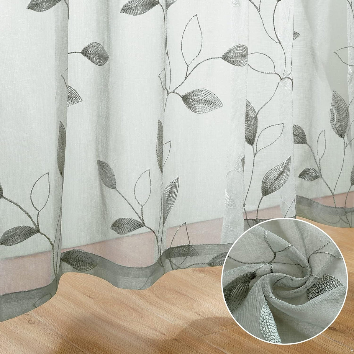 HOMEIDEAS Sage Green Kitchen Tier Curtains Leaf Embroidered, 30x36, 2 Panel