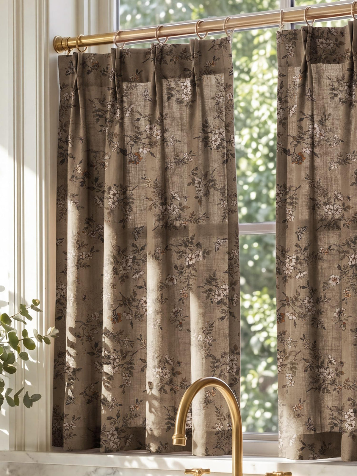 NICETOWN Sage Green Floral Linen Curtains Cafe Curtains, W26 x L36