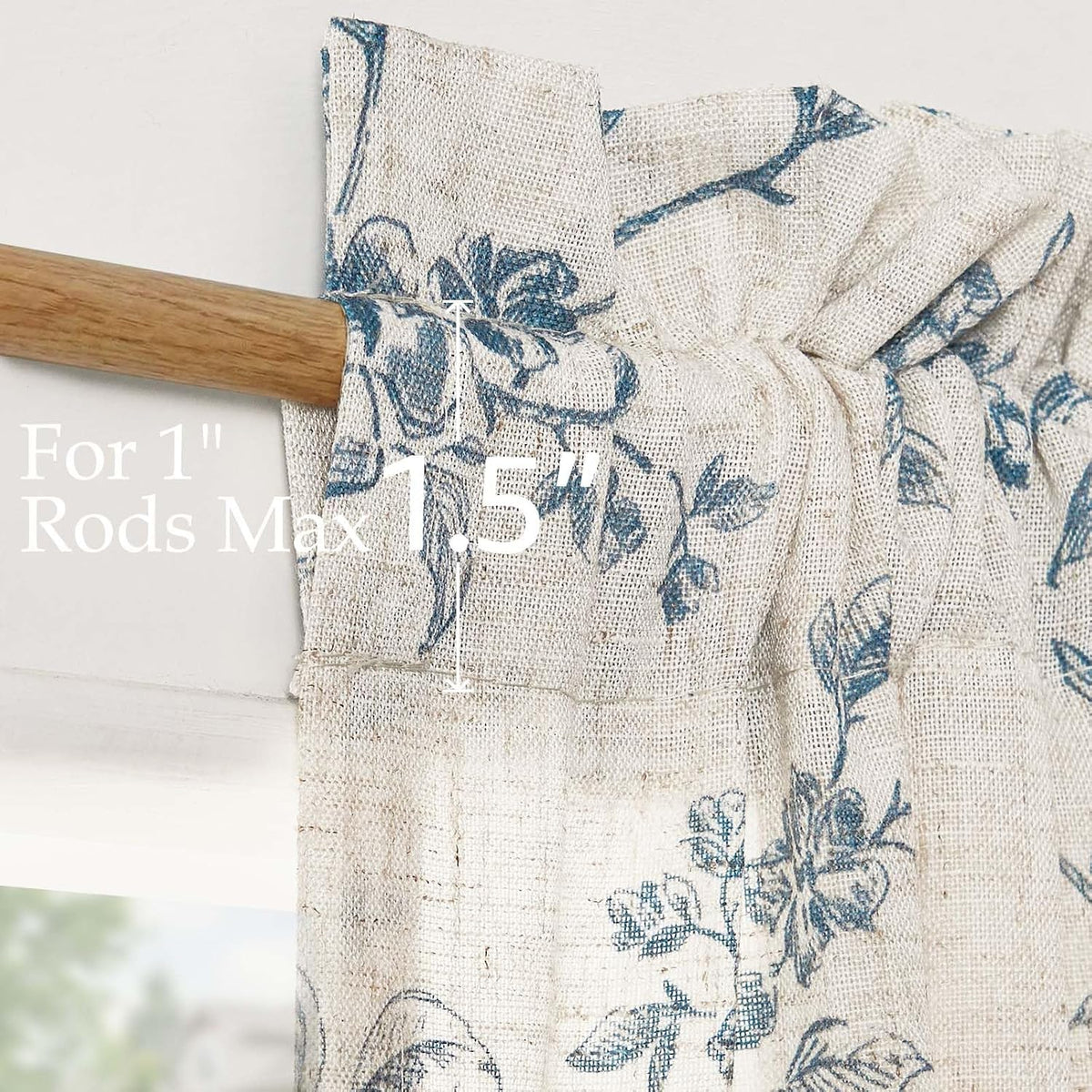 jinchan Blue Linen Floral French Door Curtain 40 Inch Rod Pocket 1 Panel
