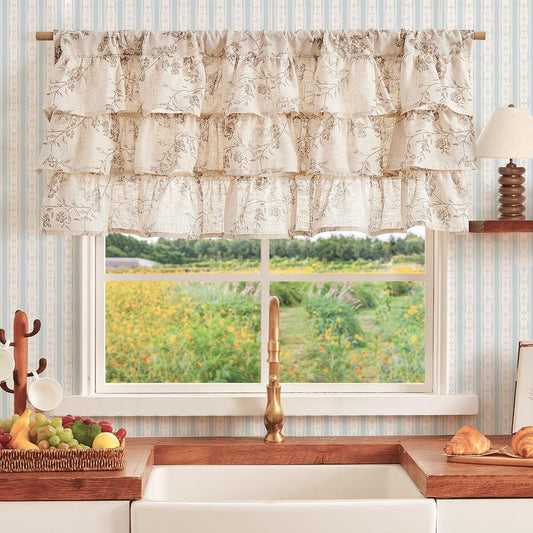jinchan Alisa Ruffled Floral Valance Curtain 18 Inch 1 Panel Taupe on Linen