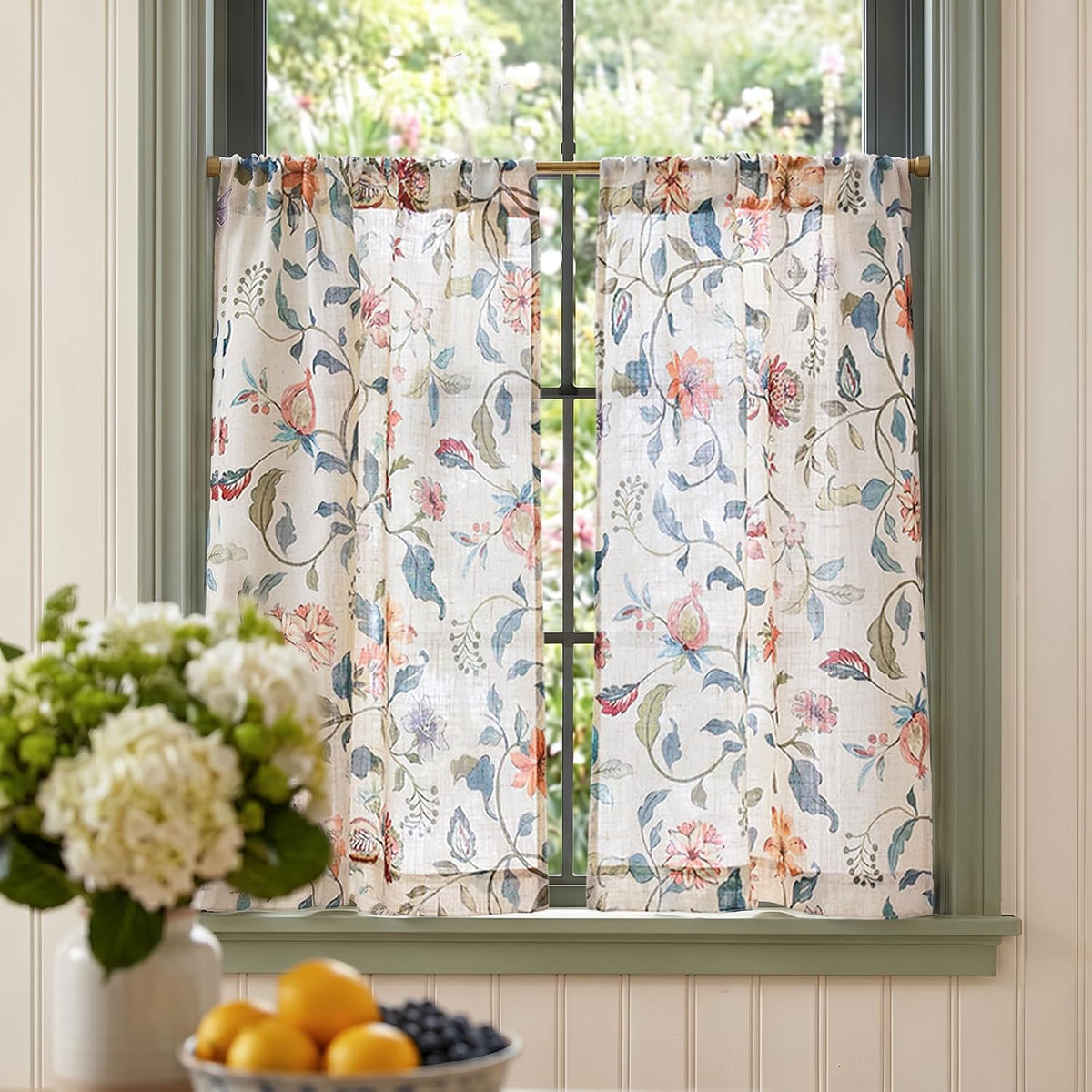jinchan Hattie Floral Linen Kitchen Tier Curtains Beige 36 in 2 Panels