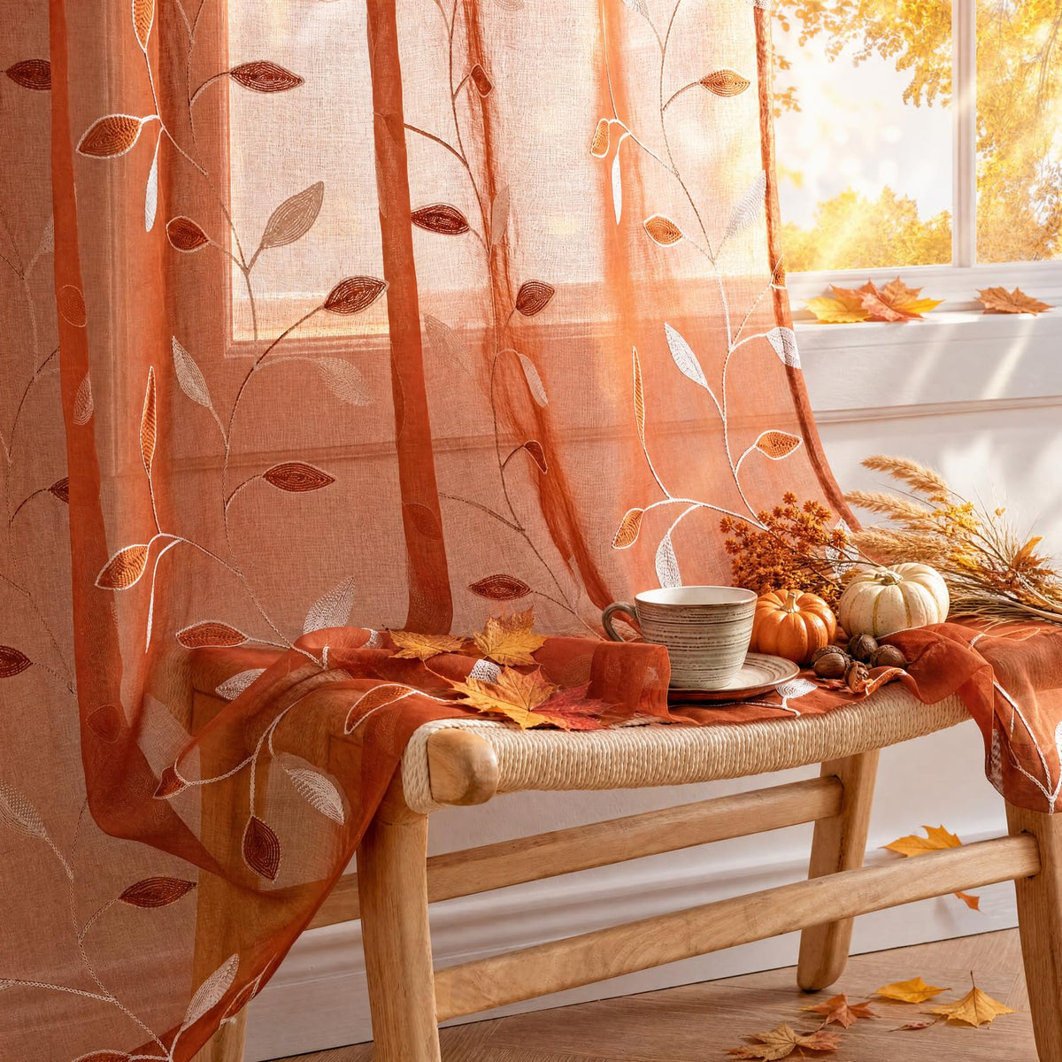 MIULEE Beige Sheer Curtains 2 Panels Embroidered Leaf Patterned, W52 x L63