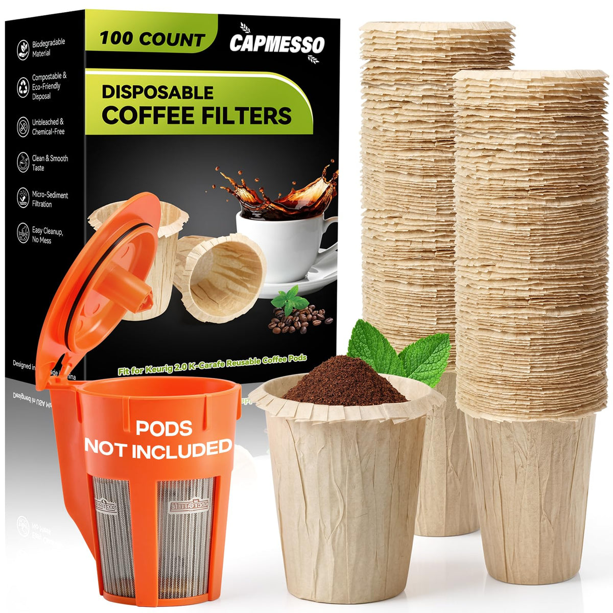 CAPMESSO Disposable Coffee Filters 2.1"H - for My K-Cup & Cuisinart SS-RFC