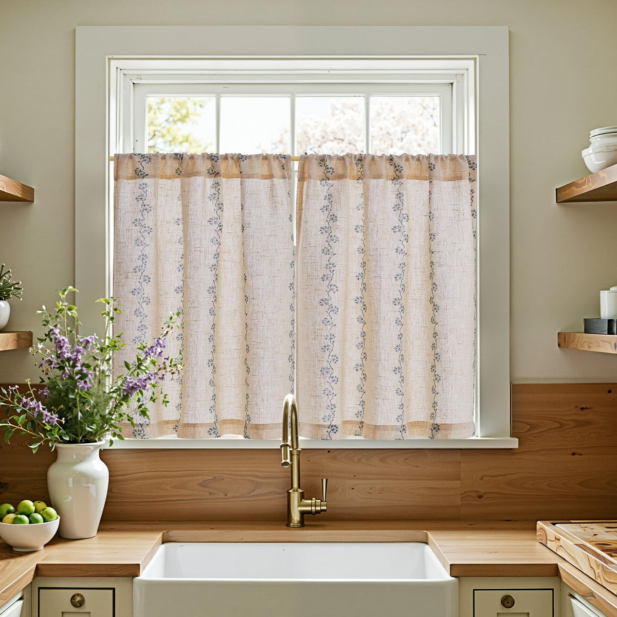 jinchan Hattie Floral Linen Kitchen Tier Curtains Beige 36 in 2 Panels