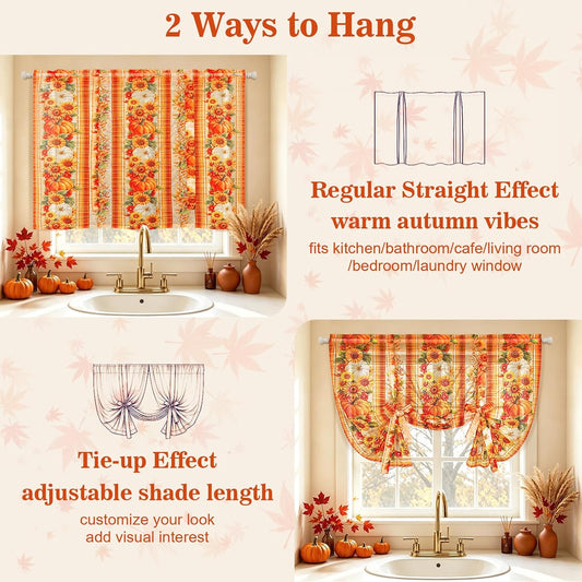 Fall Thanksgiving Kitchen Curtain Pumpkin Curtains for Living Room Sunflower Plaid Tie Up Kitchen Curtains Rod Pocket Light Filtering Short Curtain for Kitchen Bathroom, 1 Panel, 42'W x 45" L