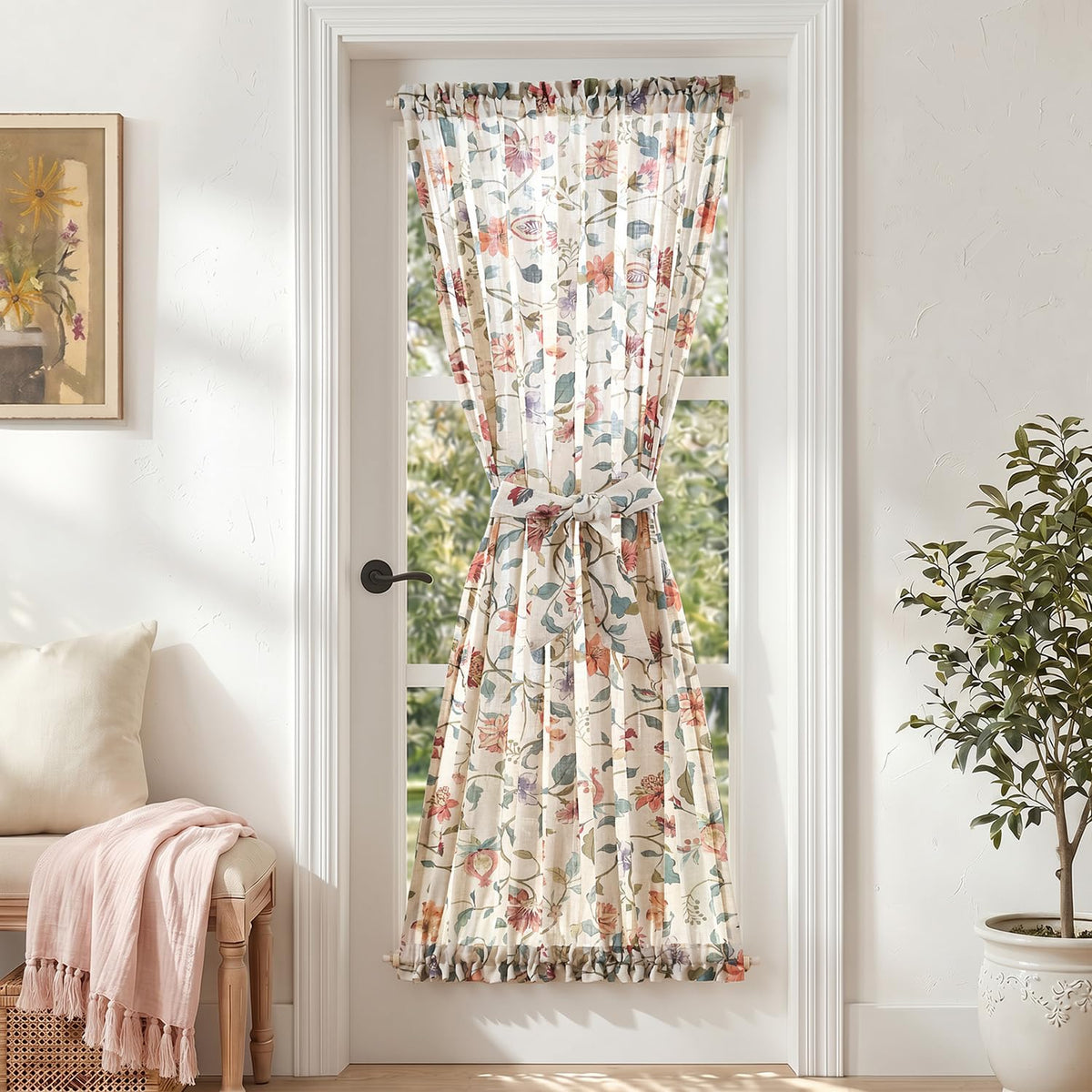 jinchan Blue Linen Floral French Door Curtain 40 Inch Rod Pocket 1 Panel